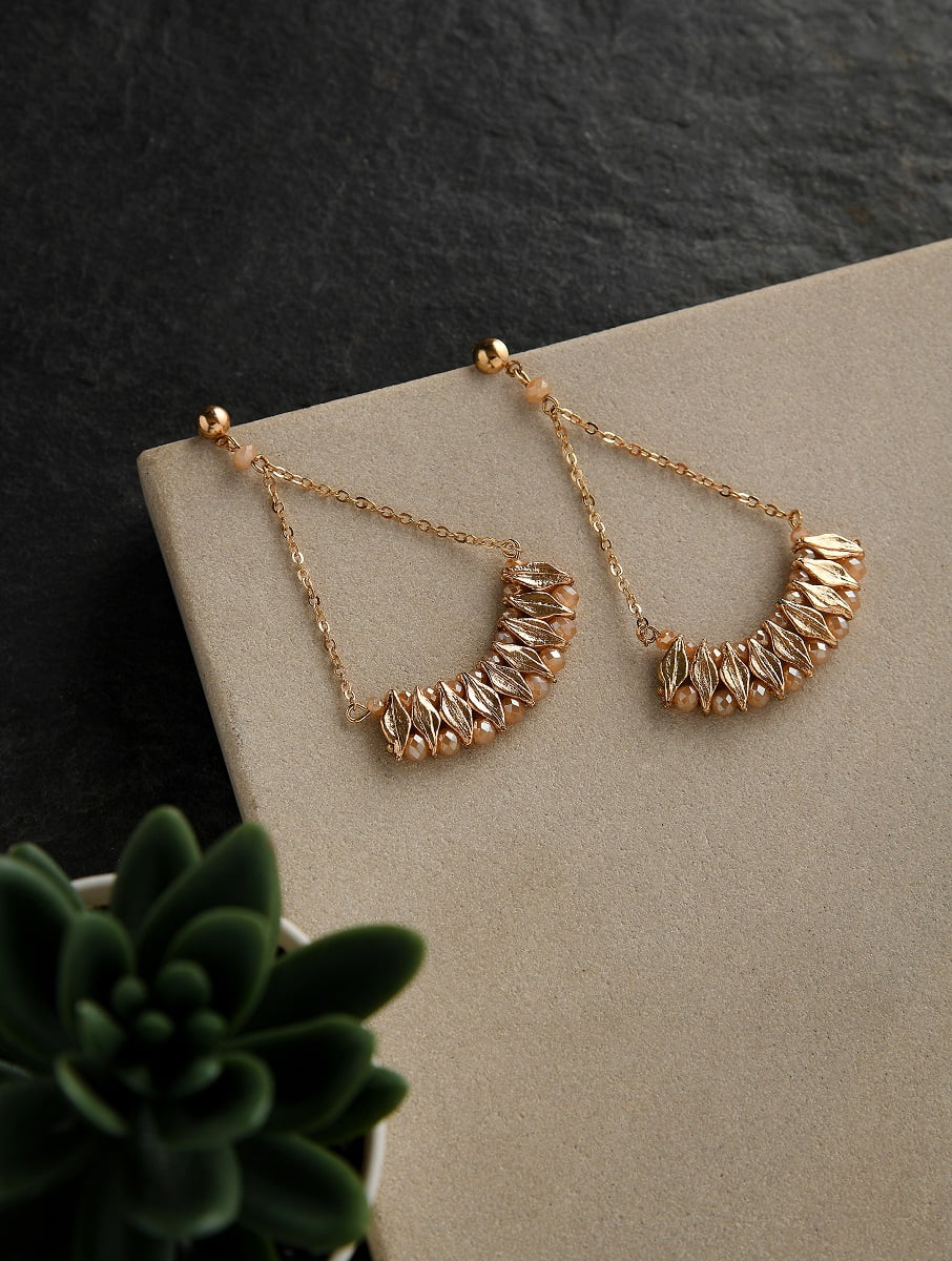 Unique Design Earrings with glass beads & Chain in rose gold finish