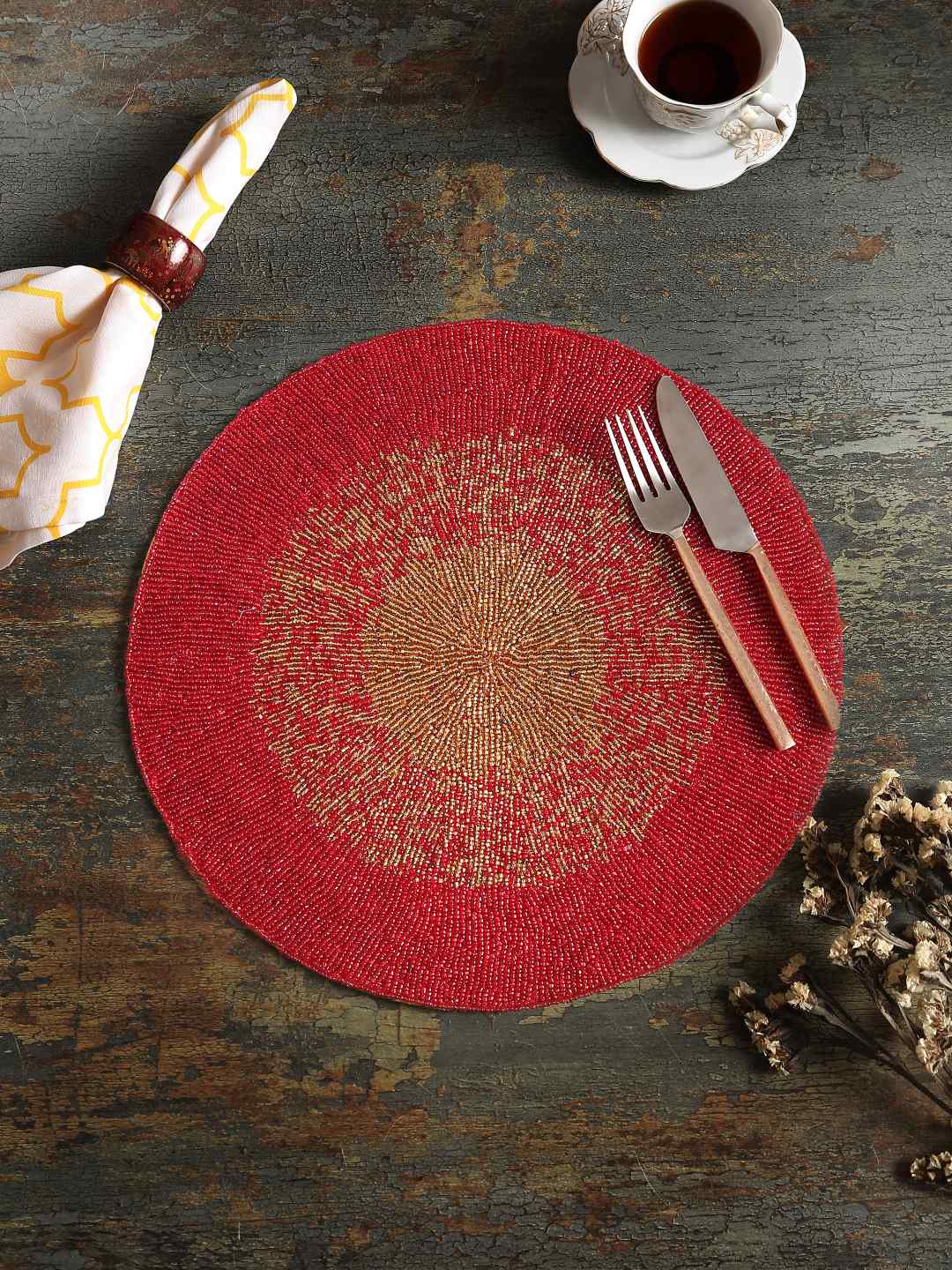 Red and Gold Hand Beaded placemat – Amoliconcepts