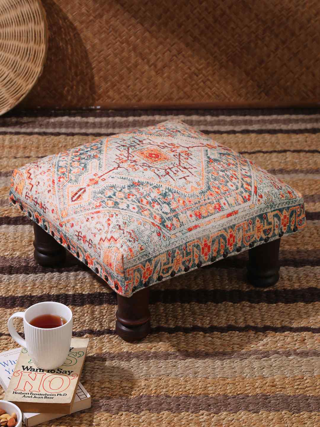 Wooden stool with carpet design top – Amoliconcepts